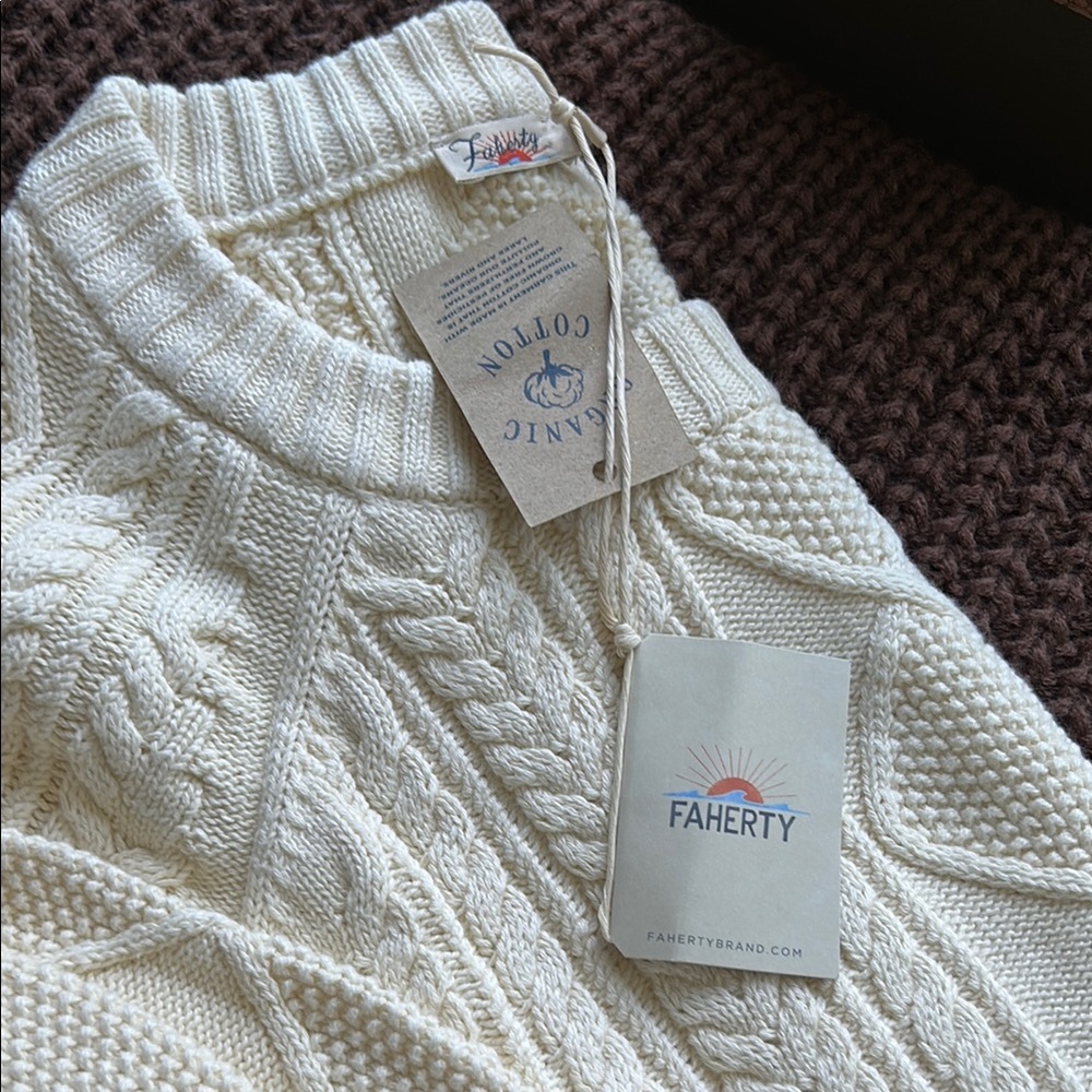 Faherty Cream Crew Neck Cable Knit Sweater